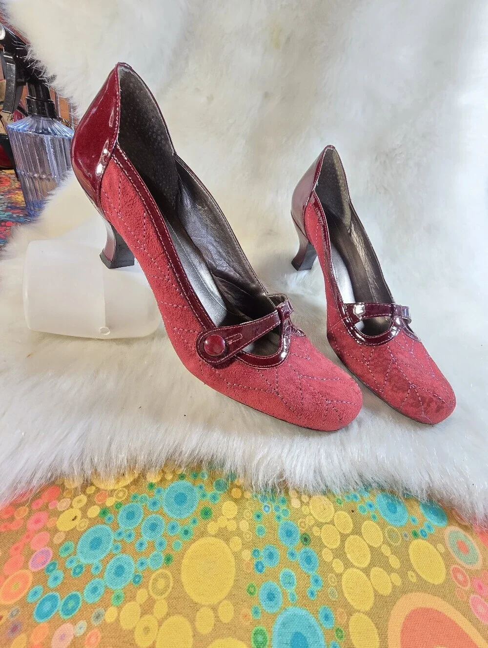 Franco Sarto Burgundy Suede & Patent Mary Jane Kitten Heels Dress Pumps
